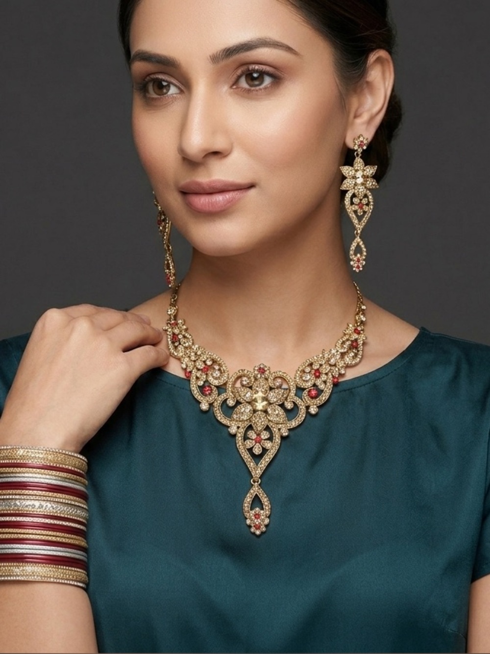 Gold and Red Floral Statement Necklace and Earrings Set
